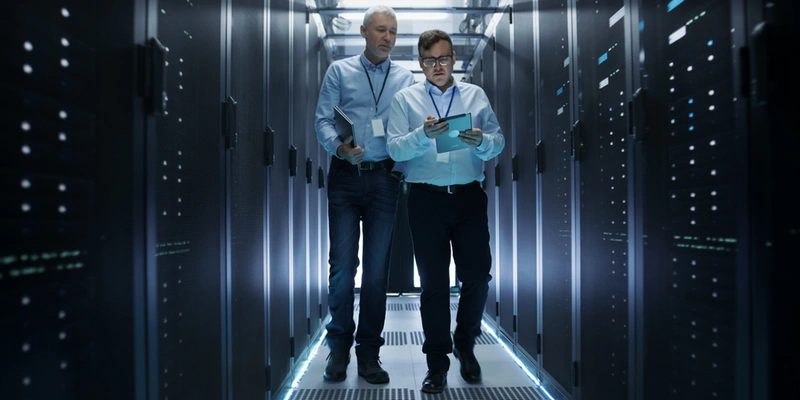 two men are seen in a server room with one of them holding a computing device