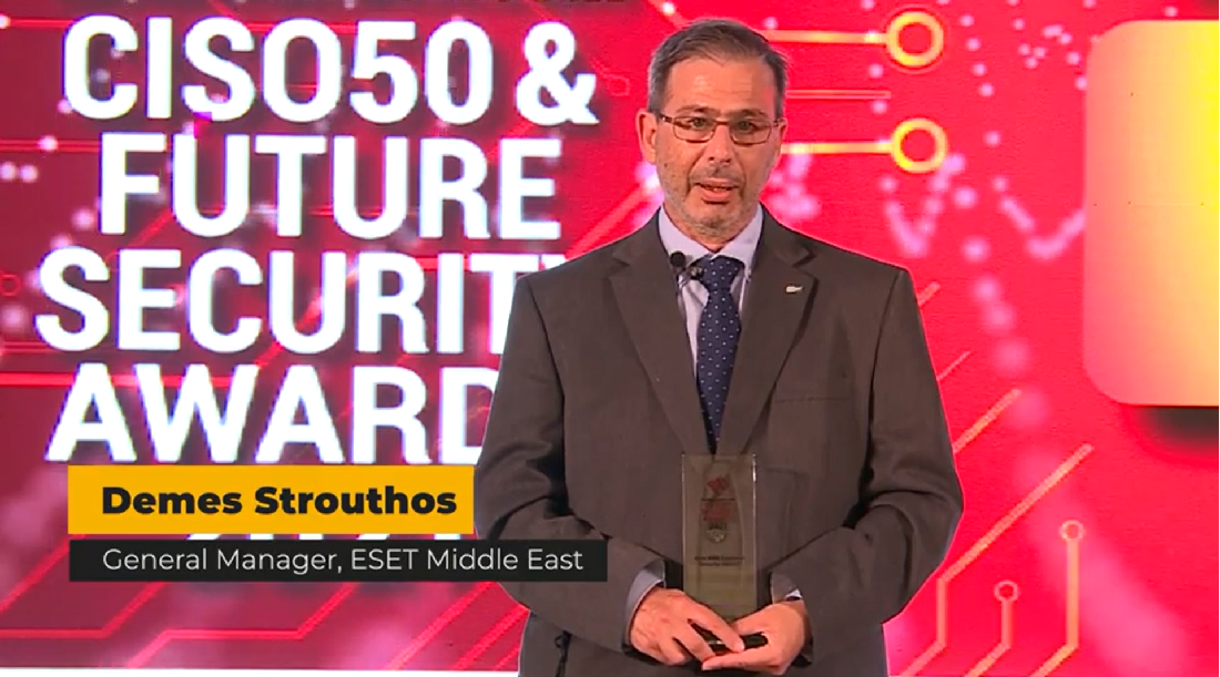 Demes Strouthos, General Manager, ESET Middle East, accepts the award at the ceremony on September 8, 2021. Photo credit: Tahawultech.com