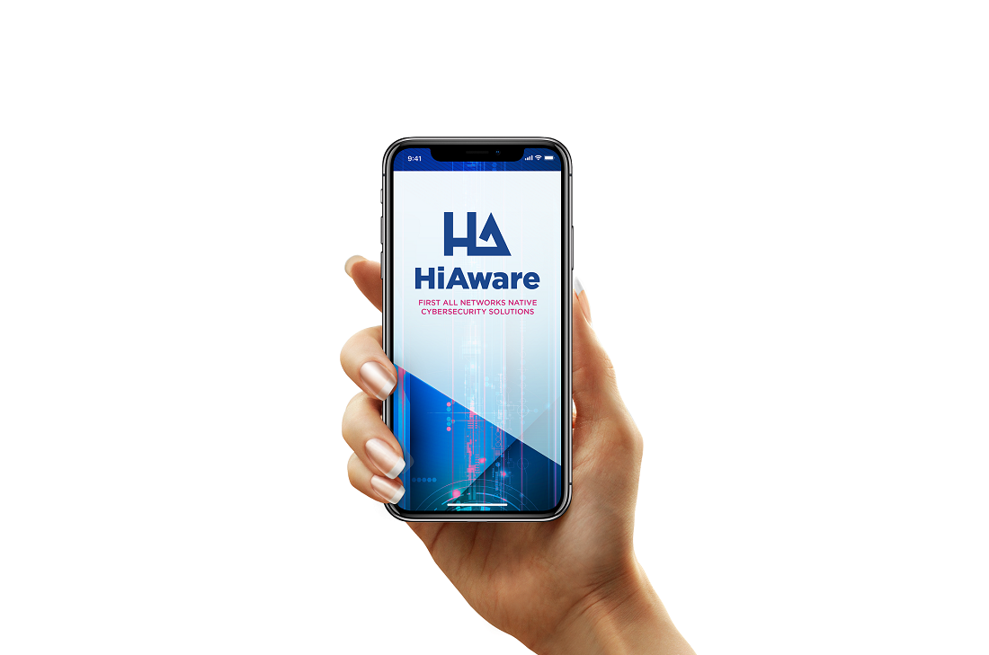 a hand holds a smartphone with the word hi aware on the screen