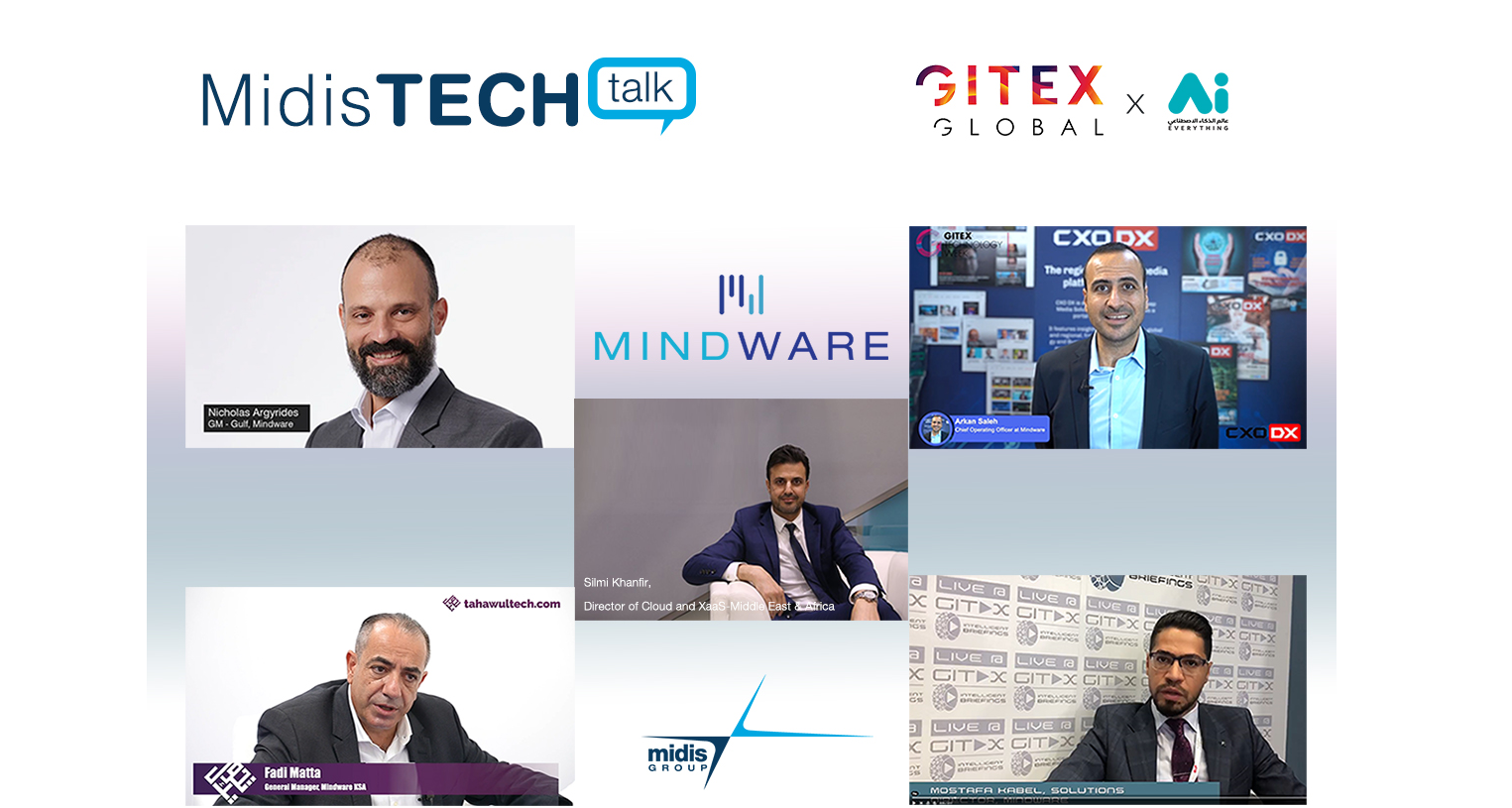 L'équipe de direction de Mindware, de haut à gauche jusqu’en bas à droite : Nicholas Argyrides, Silmi Khanfir, Arkan Saleh, Fadi Matta, Mostafa Kabel. Crédit photo: Midis Group