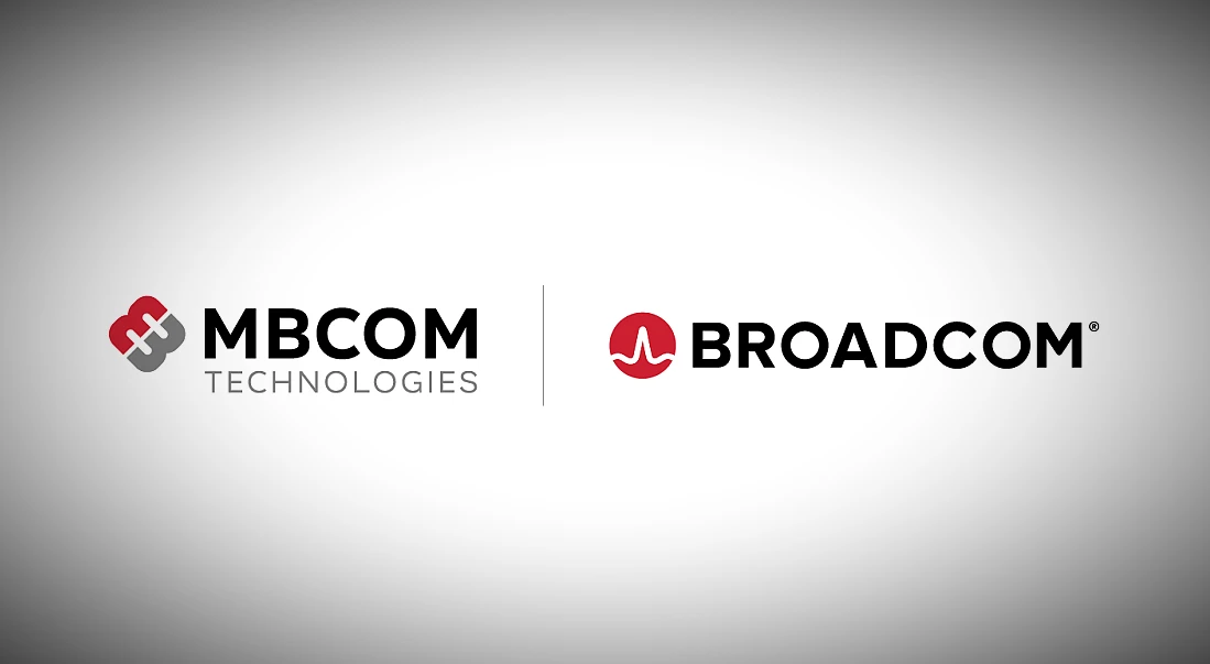 Logos MBCOM et Broadcom vus côte à côte