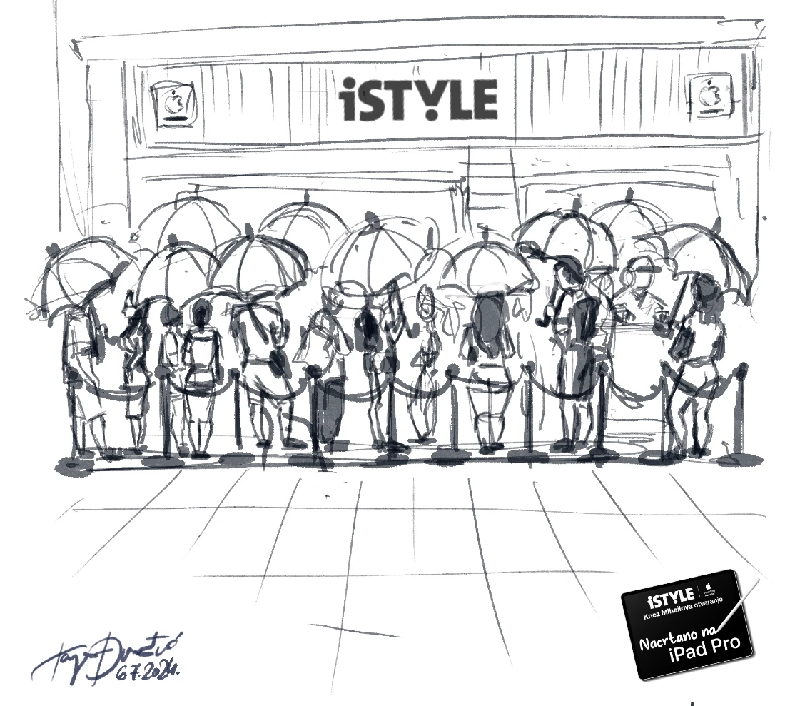 artist's digital drawing of a hi tech store with parasols shading people from the sun