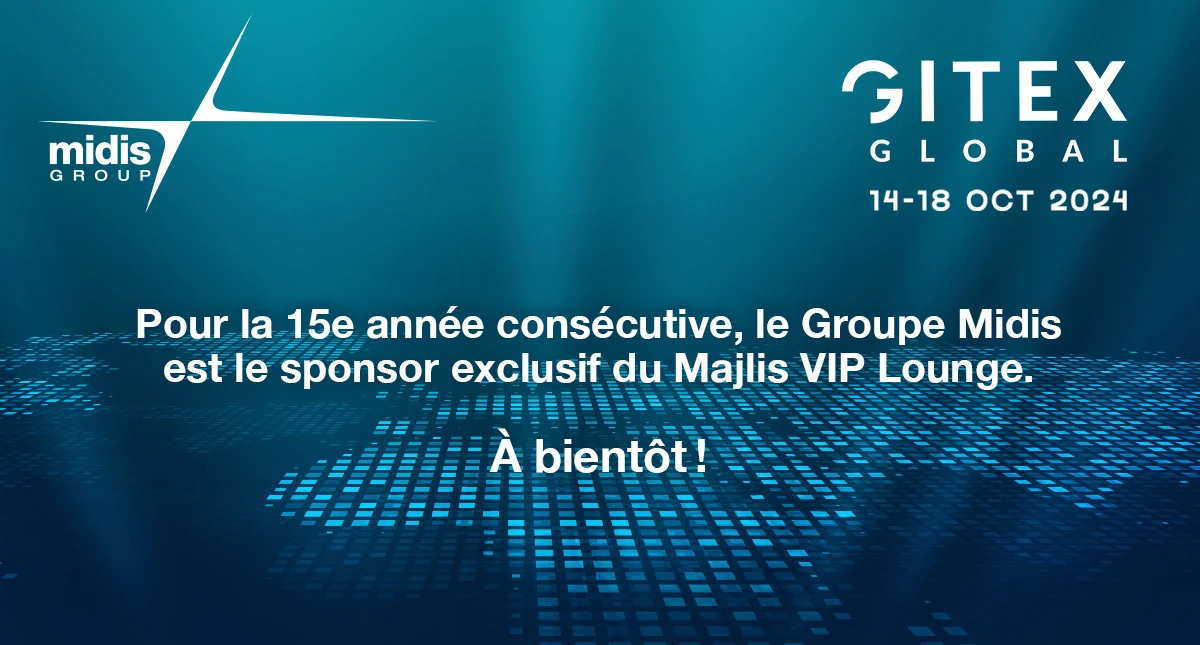 Graphique numérique bleu avec des mots souhaitant la bienvenue aux visiteurs de la suite VIP Majlis au GITEX Global 2024