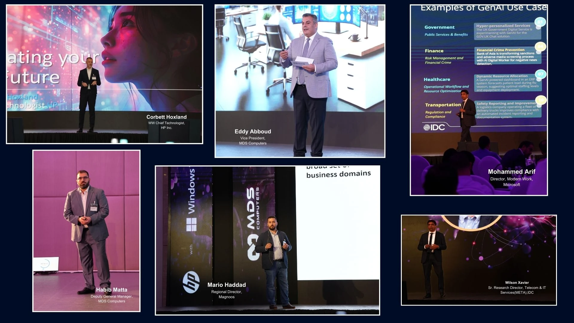 a collage of photos of speakers at a tech event