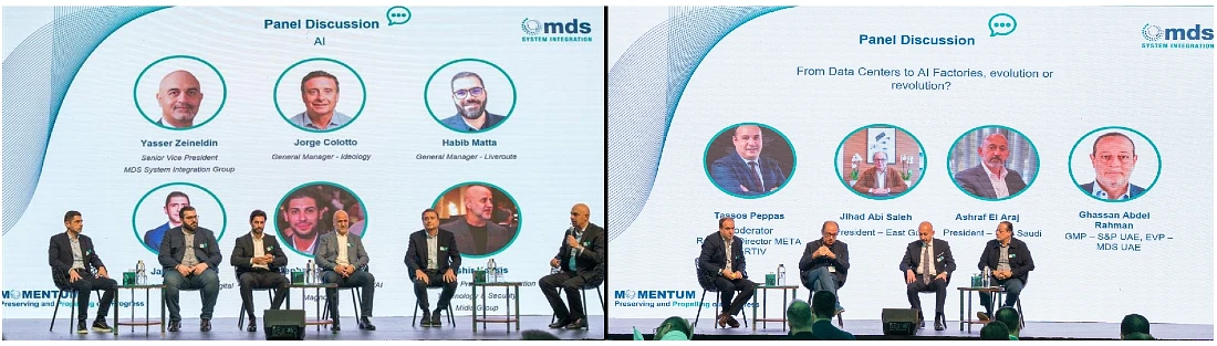 two photographs side by side show two separate panel discussions taking place on stage at an event